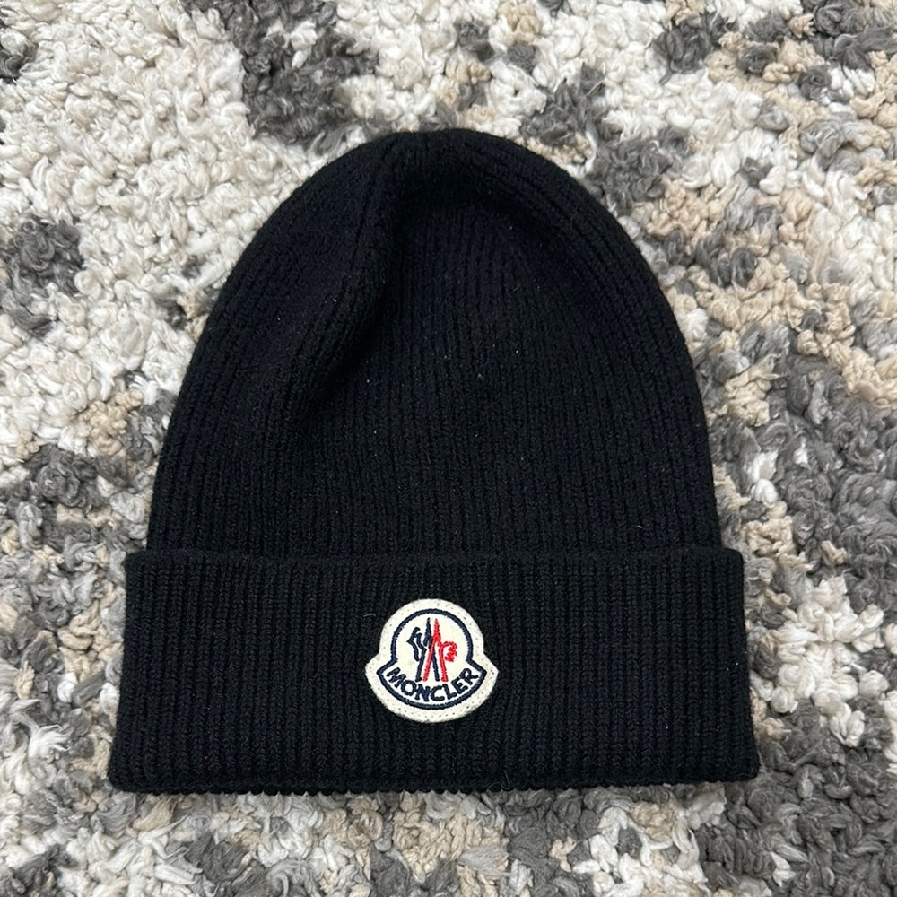Kids Moncler Black Ribbed Knit Beanie